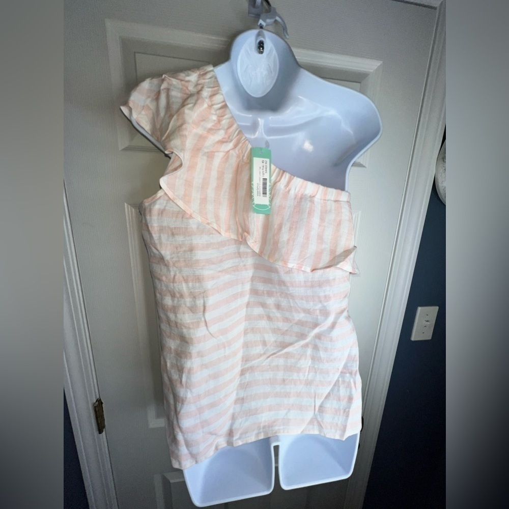 NWT Vince Camuto Womens X Small Linen Pink Stripe Adair One Shoulder Top XS - Picture 3 of 11